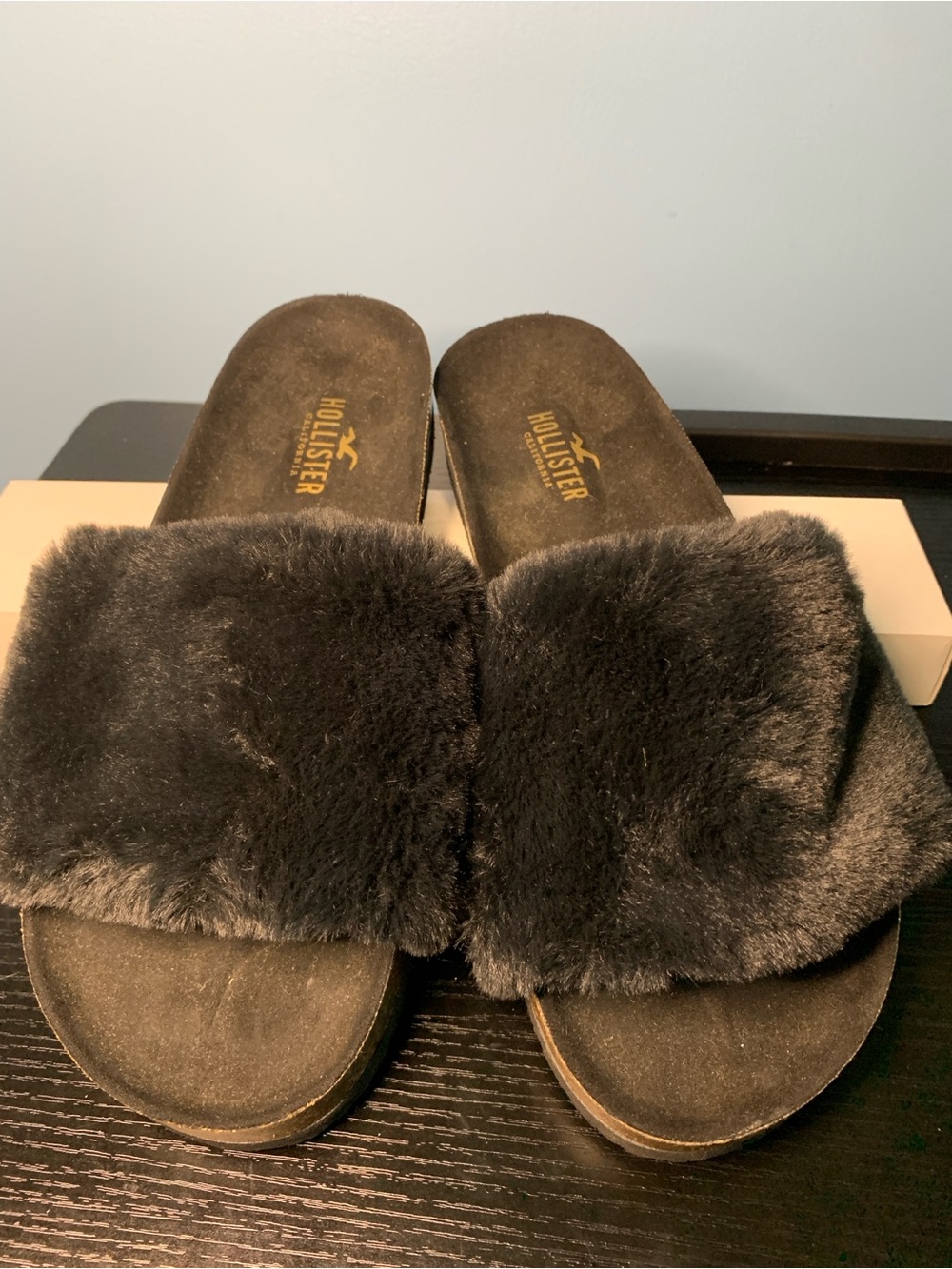 Hollister Black Faux Fur Slide Sandals with Cork Sole